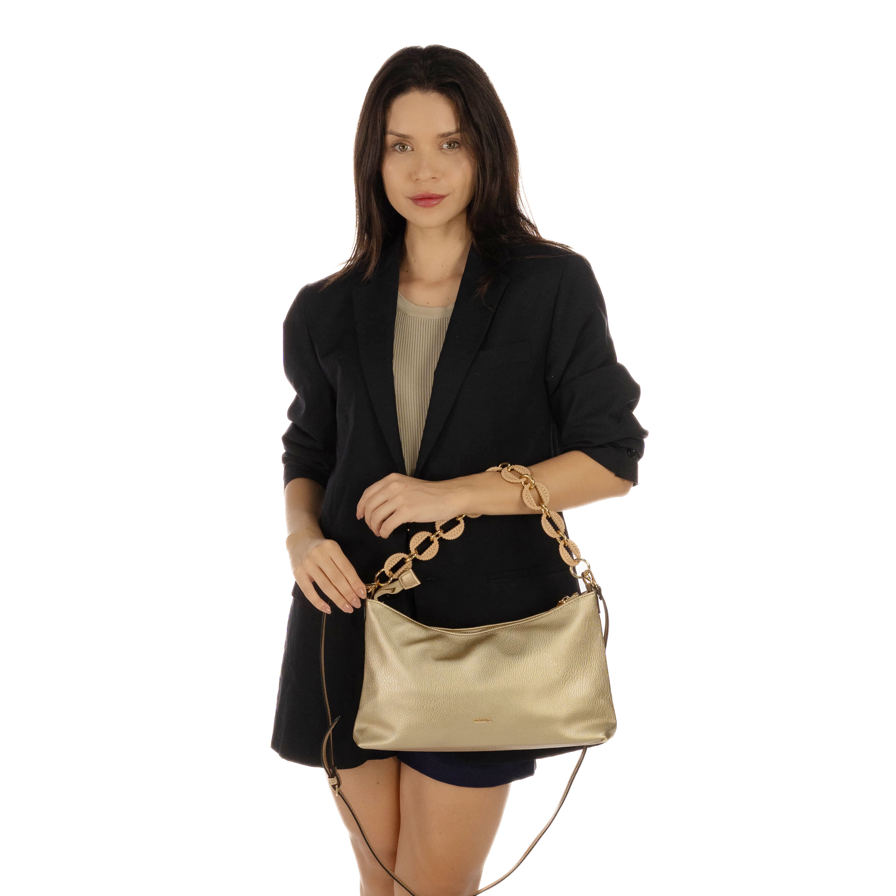 Bolsa feminina dourada sintética vista frontal com alça curta trançada e alça longa removível